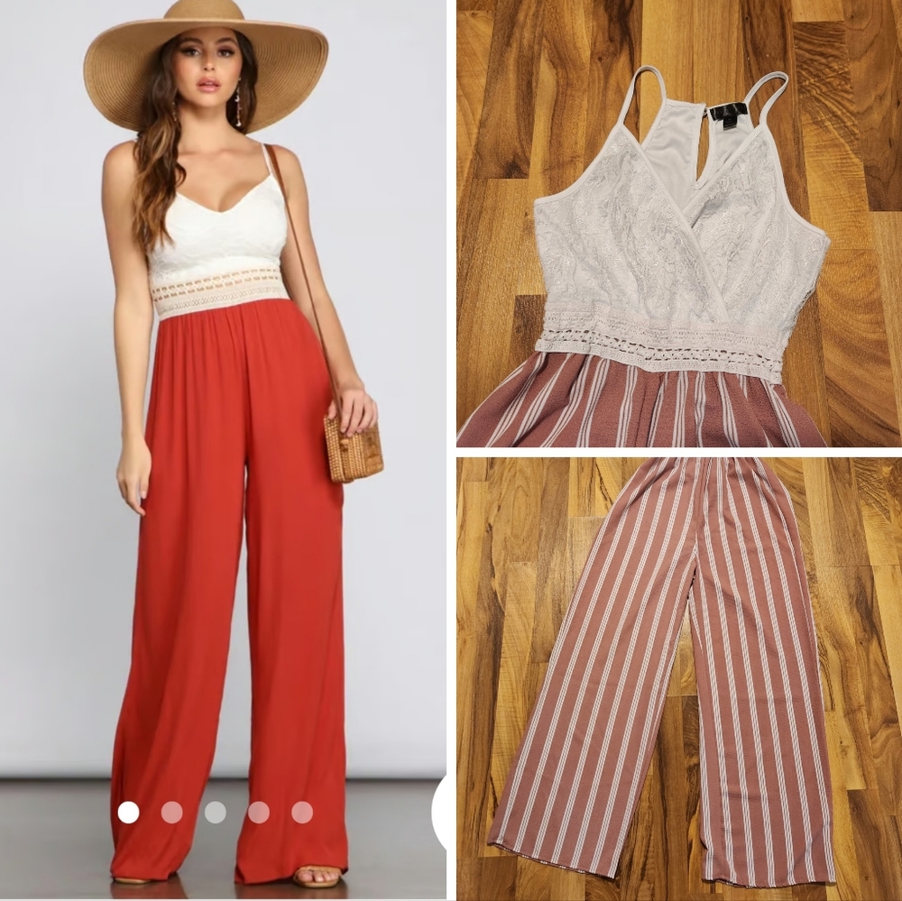 2/$20 BoHo lace top striped jumpsuit